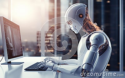 AI Robot Analyzing Data in Front of a Large Screen Stock Photo
