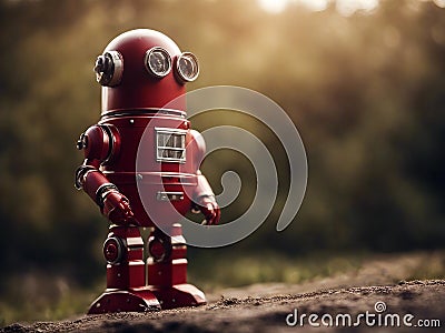 AI robot android. Old vintage robot astronaut. Futuristic red robot on the soil. AI generated Stock Photo