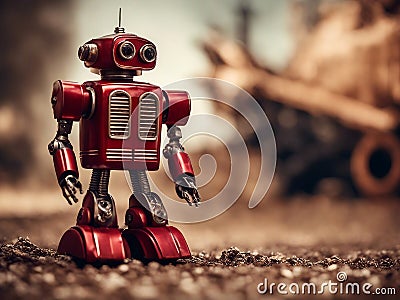 AI robot android. Old vintage robot astronaut in red color. Futuristic robot. AI generated Stock Photo