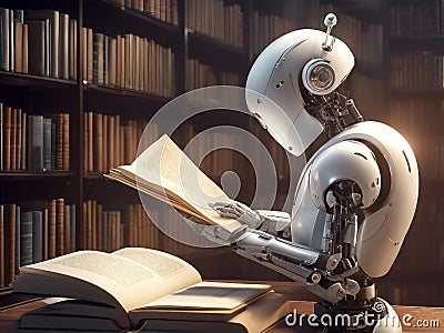 AI robot android. Robot reads a book in the library. Scientist robot with a book. AI generated Stock Photo