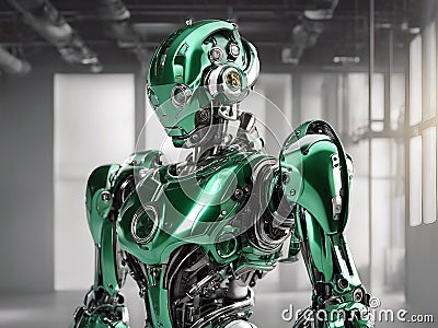 AI robot android. Technological green robot close-up. AI generated Stock Photo