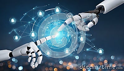 AI, Robot, Cyborg and Humanoid, Machine learning, AI Chat, Hand of robot humanoid touch a big data network connection Stock Photo