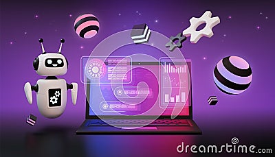 AI robot. 3D tech digital data. Chatbot support agent as artificial intelligence interface. Website infographic in Vector Illustration