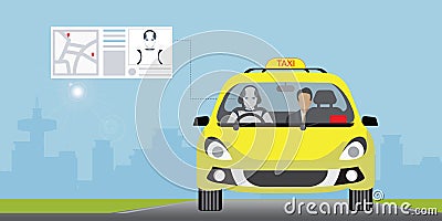 AI robot driving a taxi in the city street Vector Illustration