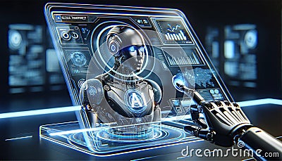 AI robot hologram on virtual screen. Artificial intelligence and machine learning concept. Hologram screen display. Stock Photo