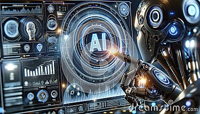 AI robot hologram on virtual screen. Artificial intelligence and machine learning concept. Hologram screen display. Stock Photo