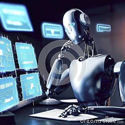 AI robot learning and answering questions on a computer laptop, Cartoon Illustration