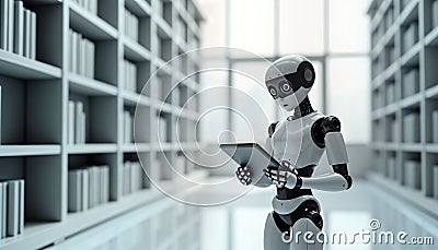 AI robot in library reads book on digital tablet. Futuristic minimal style. White color scheme. Education. Future. Tech. Learning Stock Photo