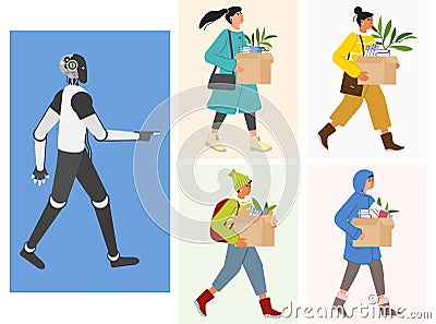 AI Robot People Unemployment Job loss Work problem Vector Illustration