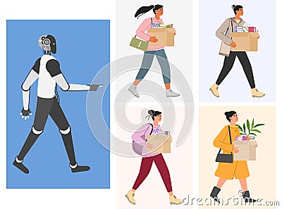 AI Robot People Unemployment Job loss Work problem Vector Illustration