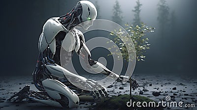 AI robot planting a tree, ecology, technology, humanoid, go green, Generative AI Stock Photo