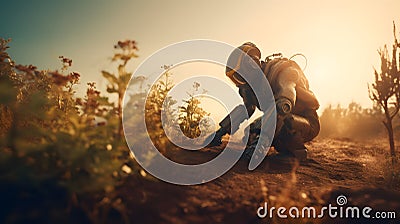 AI robot planting a tree, ecology, technology, humanoid, go green, Generative AI Stock Photo