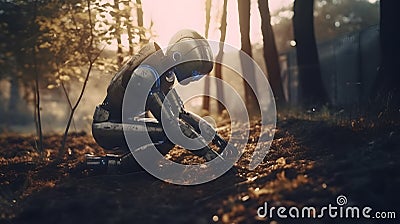 AI robot planting a tree, ecology, technology, humanoid, go green, Generative AI Stock Photo