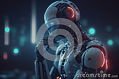 Ai Robot thinking with hand on chin, Artificial intelligence glowing light background. Generative Ai Stock Photo