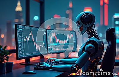 AI robot trader analyzes financial market data. Futuristic robot uses computer for strategic decisions. Cityscape visible through Stock Photo
