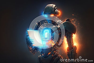 Ai Robot working using tablet. Futuristic Humanoid worker. Generative Ai Stock Photo