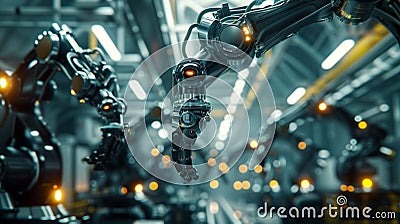 AI Robotic Humandroid Factory 3D Concept: Automated Robot Arm As Stock Photo