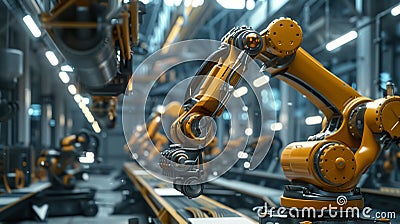 AI Robotic Humandroid Factory 3D Concept: Automated Robot Arm As Stock Photo