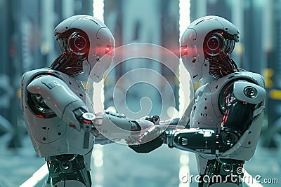 AI robots shaking hands, concept of artificial intelligence, technological advancement, future technology. Stock Photo