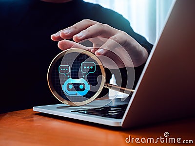 AI search engine optimization tools, SEO data service online technology concept. AI chat robot icon on network grid, focused in Stock Photo
