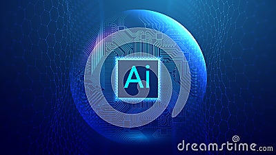 Ai semiconductor circuit board in sphere shield. Cloud network abstract data analysis. Database system with sphere Vector Illustration