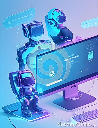 AI smart Chatbot robot working and chatting in computer with the future technology in work place ai assistant in customer support Stock Photo