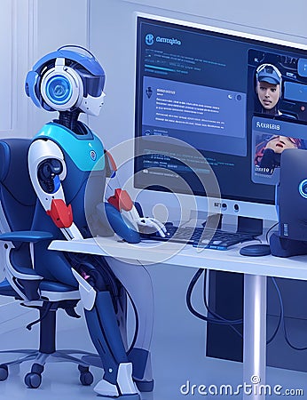 AI smart Chatbot robot working and chatting in computer with the future technology in work place ai assistant in customer support Stock Photo