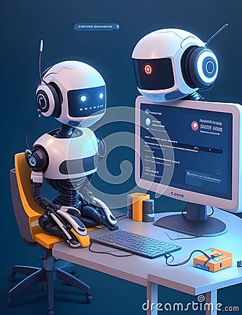 AI smart Chatbot robot working and chatting in computer with the future technology in work place ai assistant in customer support Stock Photo