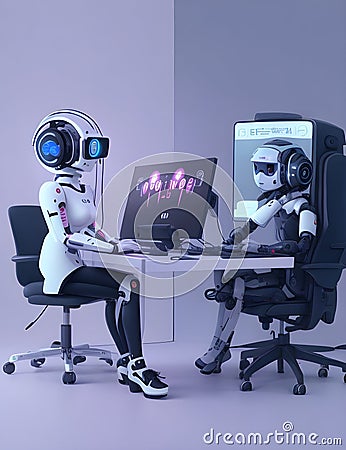 AI smart Chatbot robot working and chatting in computer with the future technology in work place ai assistant in customer support Stock Photo