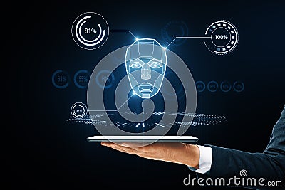 AI system in hologram human head with HUD display elements. Artificial Intelligence for VR with tech shapes HUD. Biometric Stock Photo