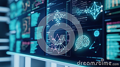 AI tech accelerates drug development in lab setting. Digital molecule models, complex data visualizations show tech, science Stock Photo