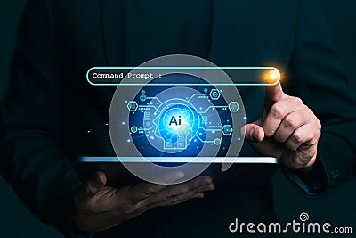 Ai tech, businessman show virtual graphic Chat with AI, Artificial Intelligence. using command prompt for generates something, Stock Photo