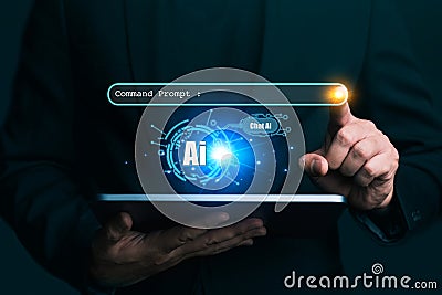 Ai tech, businessman show virtual graphic Chat with AI, Artificial Intelligence. using command prompt for generates something, Stock Photo