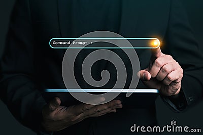 Ai tech, businessman show virtual graphic Chat with AI, Artificial Intelligence. using command prompt for generates something, Stock Photo
