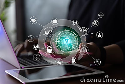 Ai tech, businessman show virtual graphic Global Internet connect Chatgpt Chat with AI, Artificial Intelligence. using command Stock Photo