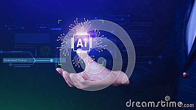 Ai tech, Businessman using virtual graphic Global Internet connect Chatgpt Chat with AI, Artificial Intelligence, using command Stock Photo