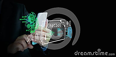 AI tech. Chat Bot, chat with Ai. A man uses virtual graphic of a generative conversational chatbot on smartphone to communicates Stock Photo
