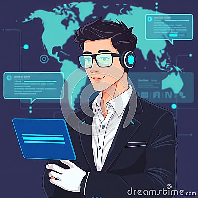 An artificial intelligence tech entrepreneur uses a command prompt to create a virtual graphic that connects to the worldwide Stock Photo