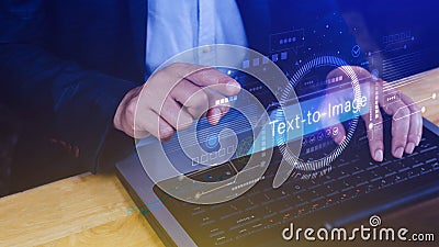 Ai tech Text to image, virtual graphic with AI, Artificial Intelligence, using command prompt for generates something, Futuristic Stock Photo