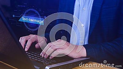 Ai tech Text to image, virtual graphic with AI, Artificial Intelligence, using command prompt for generates something, Futuristic Stock Photo