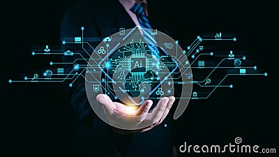 Ai technology, Artificial Intelligence. man using technology smart robot AI, artificial intelligence by enter command prompt Stock Photo