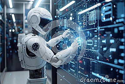AI technology humanoid robot touch screen UI technology AI interface.Generative AI Stock Photo