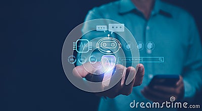 AI technology utilized in developing online customer services through digital chatbots, robot applications powered by OpenAI. Stock Photo