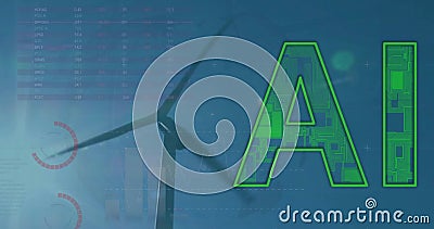 AI text over wind turbine and global data visualization Stock Photo