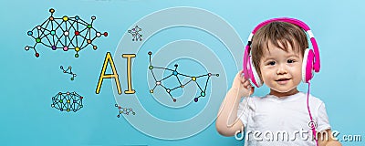 AI theme with toddler boy with headphones Stock Photo