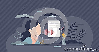AI transcription software as speech into text transcript tiny person concept Vector Illustration