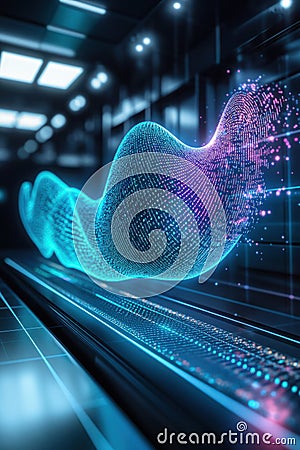 AI voice generator, A captivating 3D holographic representation of a digital sound wave, displaying intricate patterns in Stock Photo