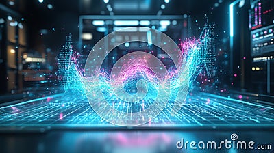 AI voice generator, A captivating 3D holographic representation of a digital sound wave, displaying intricate patterns in Stock Photo