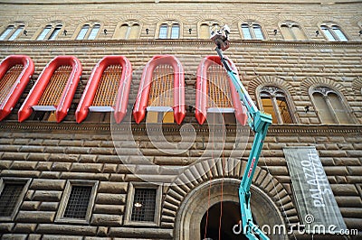 Ai Weiwei art exhibition lifeboats on the Palazzo Strozzi facade Editorial Stock Photo