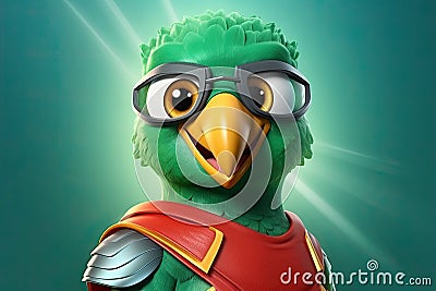 Wings of Justice: 3D-Generated Parrot Soars as a Superhero on Green Gradient Background Stock Photo